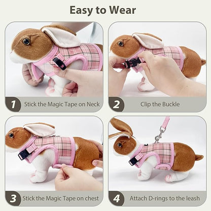 AIITLE Adjustable Bunny Harness & Leash Set - Soft Mesh Liner, Comfort Fit Plaid Pattern Vest with Magic Tape Design, Portable for Small Animal Pets Puppy Cat Rat Squirrel Ferret, Pink L