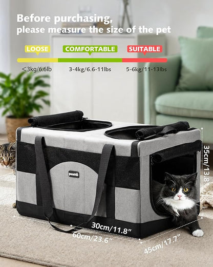 Pecute Dual Compartment Pet Carrier for Multi-Cat Families & Small Dog Owners, Collapsible Dog Crate with Reinforced Steel Frame, Car Safety Design for Travel, Vet Visits & Home Use, Gray