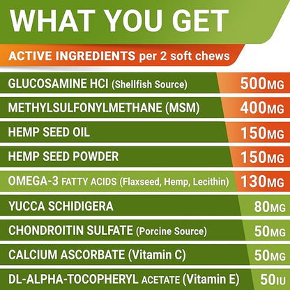 Hemp Chews for Dogs - Hip & Joint Supplement with Glucosamine - Joint Pain Relief Treats - Omega 3, Chondroitin, MSM - Advanced Mobility Support - Chicken Flavor - 120 Ct - Made in USA