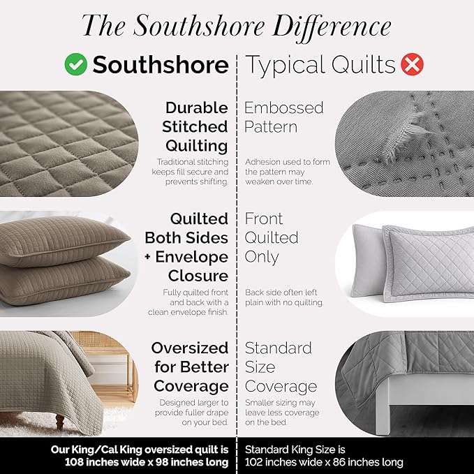Southshore Fine Living, Inc. Oversized Quilt, King Size Bedding Set, Soft Microfiber, Easy Care Stain and Pet Hair Resistant Bedding, California/King Size Quilt Bedspread Set w/2 Shams, Dark Taupe