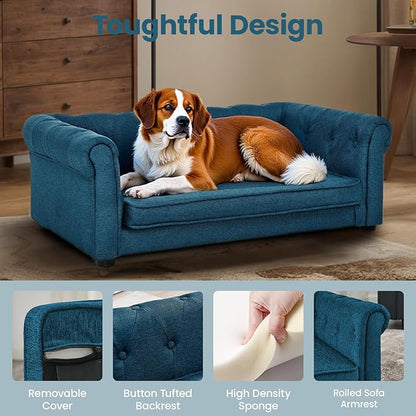 Elevated Dog Sofa with Backrest and Armrests, Button Tufted Pet Bed with Soft Cushion for Medium Dogs, Stylish Lounging Bed Pet Couch Chair for 60Lbs Dog, Blue