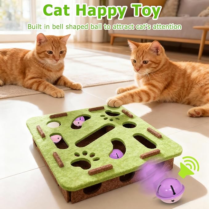 Cat Scratch Puzzle Enrichment Box with 3 Jingle Balls, Interactive Cat Toy Maze for Indoor Cats, No Assembly, Mental Stimulation Toys for Bored Kittens to Chase & Play