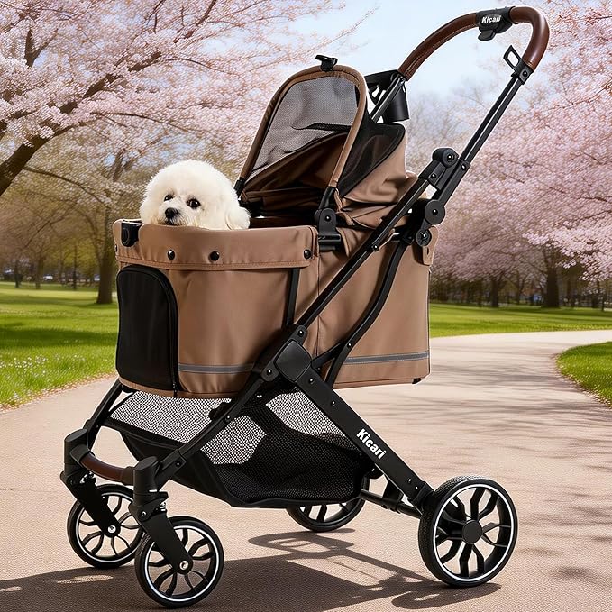 All-Terrain Dog Stroller for Small to Medium Dogs, Pet Stroller for Dogs & Cats Outdoor Walks, One-Hand Easy Fold, Double-Layer Anti-UV & Waterproof Canopy & Breathable Mesh, Mocha Brown