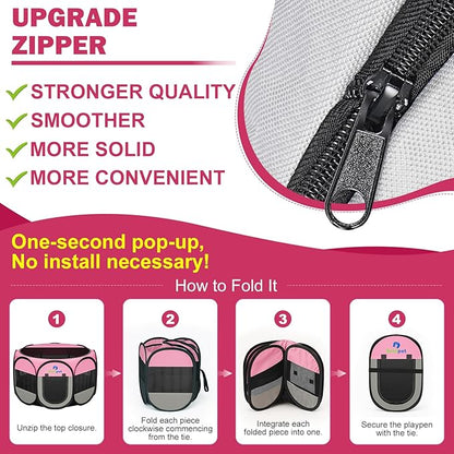 Playpen for Small Dogs Cats Crate: Puppy Play Pen Indoor Outdoor Foldable Potable Exercise Cage Pop up Kennel for Guinea Pig Rabbits Hamster Travel with Carrying Case & Food Bowl (Pink, M, 1)