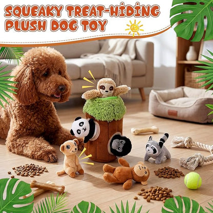 Skylety 7 Pieces Hide and Seek Dog Toys Activity Puppy Chew Squeaky Toys Plush Stuffing Burrow Woodland Stuffing with Squeakers for Small Medium Pets Dogs Puppy Gift(Funny,Small)