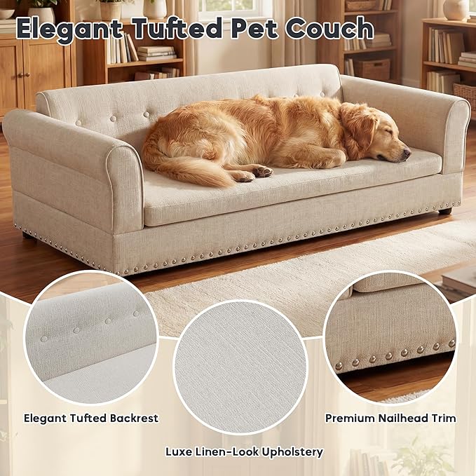 Elevated Dog Sofa for Medium to Large Dogs, Button Tufted Dog Couch Bed with Backrest and Armrests, Durable Memory Foam Pet Bed, Removable Cushion for Medium and Large Dogs, Beige