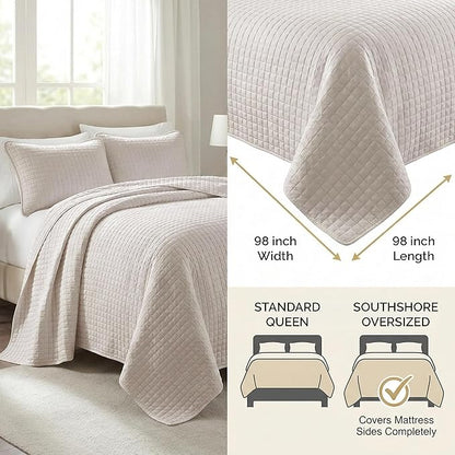 Southshore Fine Living, Inc. Full/Queen Quilt Bedding Set, Microfiber Quilts Queen Size, Coverlet, Stain & Pet Hair Resistant Bedding, Full Size Bedspread with 2 Pillow Shams, Bone (Pack of 4)