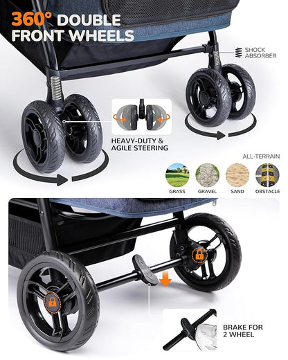 Dog Stroller for Large & Medium Dogs (20–132 lbs), Pet Stroller for 2 Small Dogs, Extra Large Heavy Duty, Foldable & Ventilated, Pink or Navy
