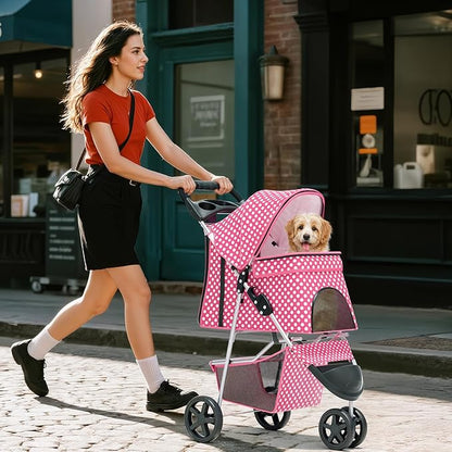 Pink Dog Stroller for Medium Dogs 30 lbs Pet Stroller for Small Dogs Cat Strollers for 2 Cats, 3 Wheels Foldable Jogger Puppy Stroller with Storage Basket and Cup Holder, Pink Polka Dots