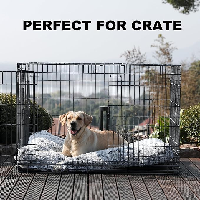 Bedfolks Waterproof Kennel Pad - Plush Dog Bed, XXL Crate Bed 47"x29", Washable Dark Grey Faux Fur Cover