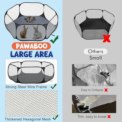Pawaboo Small Animals Playpen with Pad, Waterproof Small Pet Cage Tent with Reusable Pad, Portable Outdoor Yard Fence for Chick/Kitten/Puppy/Guinea Pig/Rabbits/Chinchillas, Black/Gray