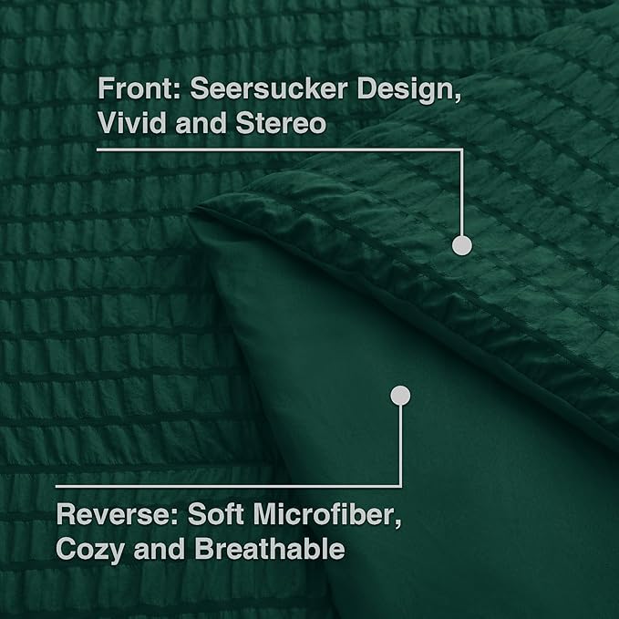 Love's cabin Seersucker Dark Green Full Comforter Set, 7-Piece All Season Lightweight Bed in a Bag Bedding Set with Comforter, Flat Sheet, Fitted Sheet, Pillowcases and Shams | Soft, Breathable, Lightweight