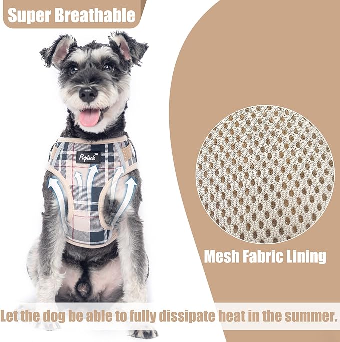 PUPTECK Small Dog Harness and Leash Set, No Pull Adjustable Puppy Cat Harness, Reflective Soft Mesh Pet Vest Small Sized, Beige Plaid, S