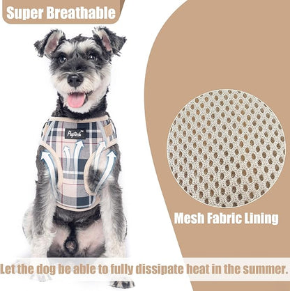 PUPTECK Small Dog Harness and Leash Set, No Pull Adjustable Puppy Cat Harness, Reflective Soft Mesh Pet Vest Small Sized, Beige Plaid, S