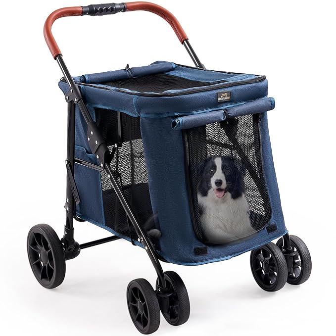 CANINE CANYON Scout Pet Stroller, Heavy Duty Dog Stroller for Small/Medium Dogs, Foldable Pet Stroller with All-Terrain Wheels, Breathable Mesh, Storage Pocket & Cup Holder, 55 lbs Capacity, Navy Blue