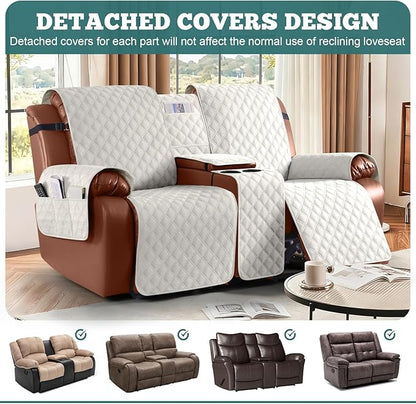 Ruaozz Waterproof Loveseat Recliner Cover with Console Non-Slip Reclining Couch Covers Split Sofa Slipcovers with Elastic Straps Furniture Protector for Kids, Dogs, Pets (Beige,2 Seater)