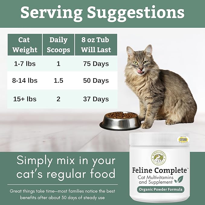 Wholistic Pet Organics Feline Complete - 8 Oz - Multivitamin & Probiotic Powder for Cats - Natural Cat Food & Digestive Support - 75 Scoops