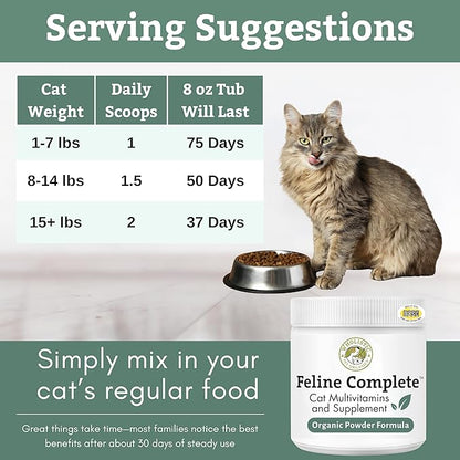 Wholistic Pet Organics Feline Complete - 8 Oz - Multivitamin & Probiotic Powder for Cats - Natural Cat Food & Digestive Support - 75 Scoops