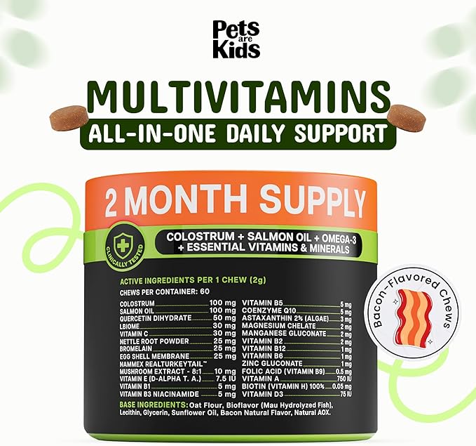 Pets are Kids 25-in-1 Dog Multivitamin - Pet Vitamins and Supplements with LBiome™, Colostrum & Salmon Oil for Gut, Allergy, Mobility & Immune Health - Bacon Flavored, Dog Supplements - 60 Chews