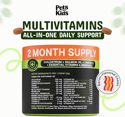 Pets are Kids 25-in-1 Dog Multivitamin - Pet Vitamins and Supplements with LBiome™, Colostrum & Salmon Oil for Gut, Allergy, Mobility & Immune Health - Bacon Flavored, Dog Supplements - 60 Chews