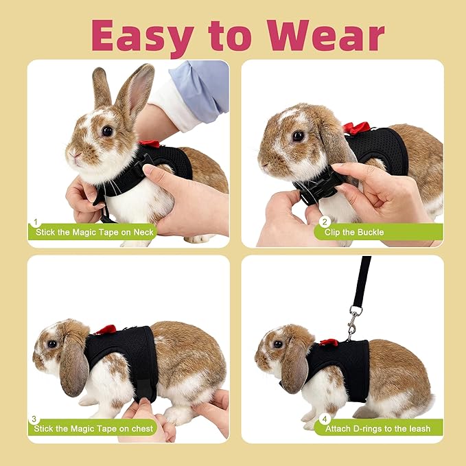 AIITLE Rabbit Harness and Leash Set with Cute Bow, Soft Breathable Mesh Vest Harness for Rabbits Kitten Ferret Puppy Small Pets Walking Supplies Black S