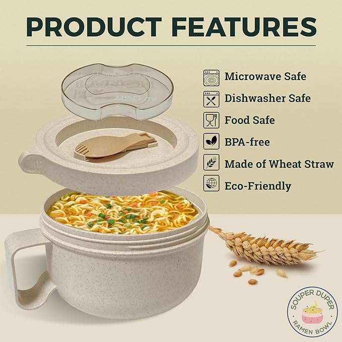 Souper Duper Ramen Bowl Set with Utensil • Heat & Eat Noodles in the Same Soup Bowl • Meal Prep Containers with Lids • Lunch Containers • Microwave, Freezer, Dishwasher Safe (Beige)