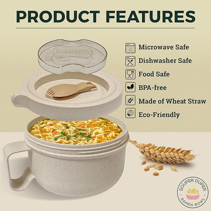 Souper Duper Ramen Bowl Set with Utensil • Heat & Eat Noodles in the Same Soup Bowl • Meal Prep Containers with Lids • Lunch Containers • Microwave, Freezer, Dishwasher Safe (Beige)