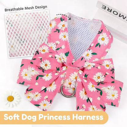 BAEJMJK Dog Harness and Leash Set with Bow Knot No Pull Pet Daisy Floral Harness with D-Ring Soft Mesh Dog Harness Vest Set Escape Proof Princess Puppy Harness for Small Girl Dogs Cats（Pink M）