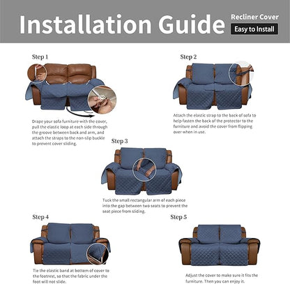 Easy-Going Loveseat Recliner Cover, Reversible Couch Cover for Double Recliner, Split Sofa Cover for Each Seat, Furniture Protector with Elastic Straps for Kids, Dogs(2 Seater, Dark Blue/Light Blue)