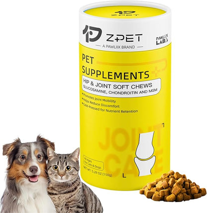 ZPET Hip & Joint Soft Chews for Dogs & Cats – Glucosamine, Chondroitin & MSM – Mobility & Flexibility Support – Cold-Pressed Pet Supplement, 150g