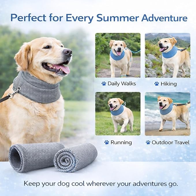 Instant Cooling Dog Bandana for Pet Scarf Soft Cool Mat Pet Collar – Eco-Friendly Breathable Polyester Dog Cooling Bandana for Dogs Puppy Bandana with Leash Hole (Gray, Large)