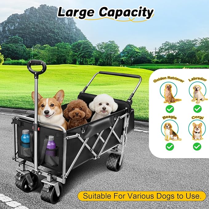 Dog Stroller for Large & Medium Dogs up to 220lbs with Tailgate, Mat, Multiple Pockets, Cup Holder, Storage Baskets, All-Terrain Foldable Large Pet Dog Wagon for Road Trips, Vet Visits, or Park Day