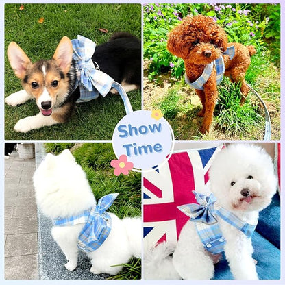 Cute Dog Harness and Leash Set with Bow Tie Soft Mesh Plaid Girl Puppy Harness No Pull Pet Cat Dog Vest Harness for Small Dogs Chihuahua Rabbit Outfit (Blue,L)