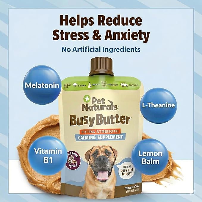 Pet Naturals BusyButter Extra Strength Calming Peanut Butter for Dogs - Great for Dog Toys, Lick Mats, Training, Calming Treats, Dog Anxiety Relief, Grooming, Treats and More - 1 6oz Pouch