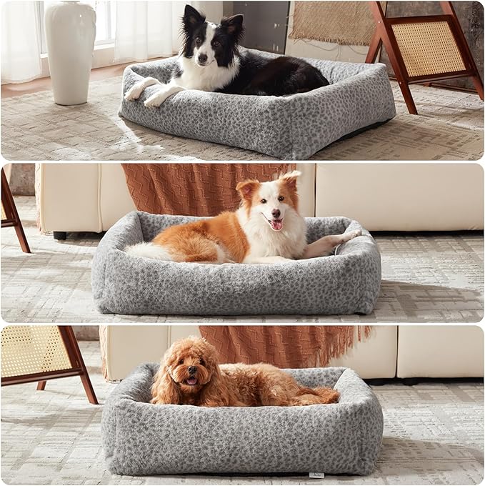 JOEJOY Large Dog Beds Large Sized Dog, Removable Washable Cover Orthopedic Soft Faux Rabbit Fur Pet Bed, Anti-Slip Fluffy Plush Faux Rabbit Fur Puppy Bed, 36"x27"x8", Leopard Print, Grey