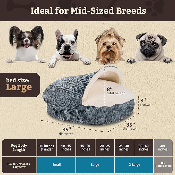 Snoozer Cozy Cave Dog Bed - Indoor Dog Bed with Cover Cave, Covered Calming Burrow for Small & Medium Sized Pets with Blanket Attached, Enclosed, Removable Washable Cover - Large, Palmer Indigo