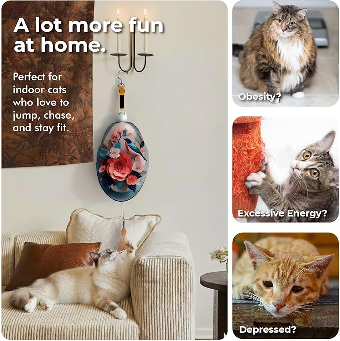 Interactive Cat Toys for Indoor Cats, Automatic Concealed Hide and Seek Hanging Feather Cat Toy, Rechargeable Motion-Activated Enrichment Toys for Bored Adult Cats (Bird & Flowers Pattern）