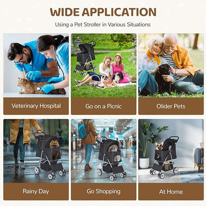 ZENY Foldable Pet Stroller, Cat/Dog Stroller with 4 Wheel, Pet Travel Carrier Strolling Cart with Storage Basket, Cup Holder (Black)