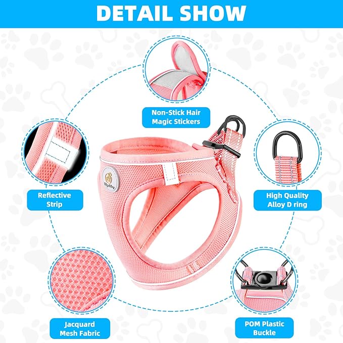 Hipubby Dog Harness and Leash Set, No Pull Soft Mesh Puppy Harness for Small Medium Dogs, Cats - Step in Reflective Breathable Lightweight Vest Harness for Walking, Training - Pink, XS