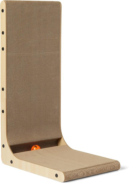 Amazon Basics Cat Scratch Post L-Shaped Cat Scratching Post Cat Scratch Pad with Interactive Ball Toy & Catnip, Cardboard Cat Wall Climber for Indoor Cats & Kittens, 16.5 x 11.4 x 26.8 in