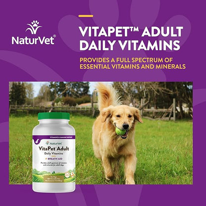 NaturVet VitaPet Adult Daily Vitamins for Dogs with Breath Aid – Includes Full Spectrum of Vitamins, Minerals, Omega-6 Fatty Acids, Parsley – Designed for Dogs Over 1 Year – 180 Ct.