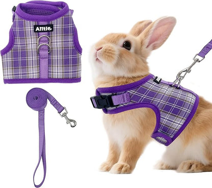 AIITLE Breathable Rabbit Harness and Leash Set - Plaid Pattern Padded Vest with Magic Tape Design, Dual D-Rings, Adjustable for Small Animal Pets, Indoor Outdoor Training Camping, Purple M