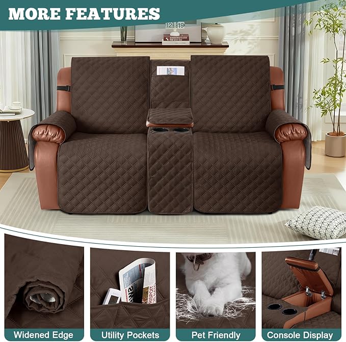 Ruaozz Waterproof Loveseat Recliner Cover with Console Non-Slip Reclining Couch Covers Split Sofa Slipcovers with Elastic Straps Furniture Protector for Kids, Dogs, Pets (Dark Brown, 2 Seater)