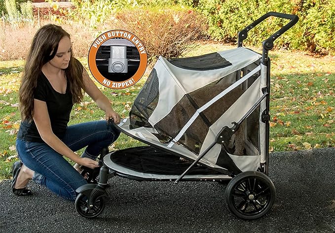 Pet Gear NO-Zip Pet Stroller with Dual Entry, Push Button Zipperless Entry for Single or Multiple Dogs/Cats, Pet Can Easily Walk in/Out, No Need to Lift Pet, Gel-Filled Tires, 1 Model, NEW Fog