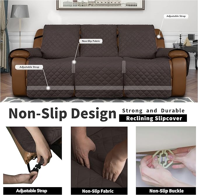 Easy-Going Oversized Recliner Reversible Couch Cover for 3 Seat Recliner, Split Sofa Cover for Each Seat with Elastic Straps for Kids, Dogs, Pets (3 Seater, Chocolate/Chocolate)
