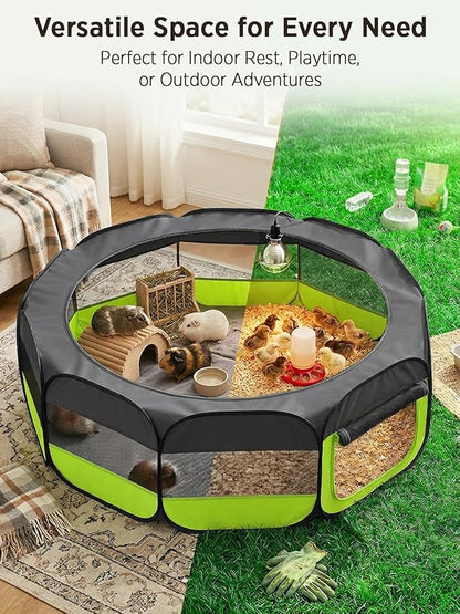 UWE Extra Large Small Animal Playpen, XL Portable Pet Playpen for Rabbit, Kitten, Guinea Pig, Hamster, Puppy – Waterproof Foldable Mesh Tent with Zipper Cover, Indoor Outdoor Use,Light Green