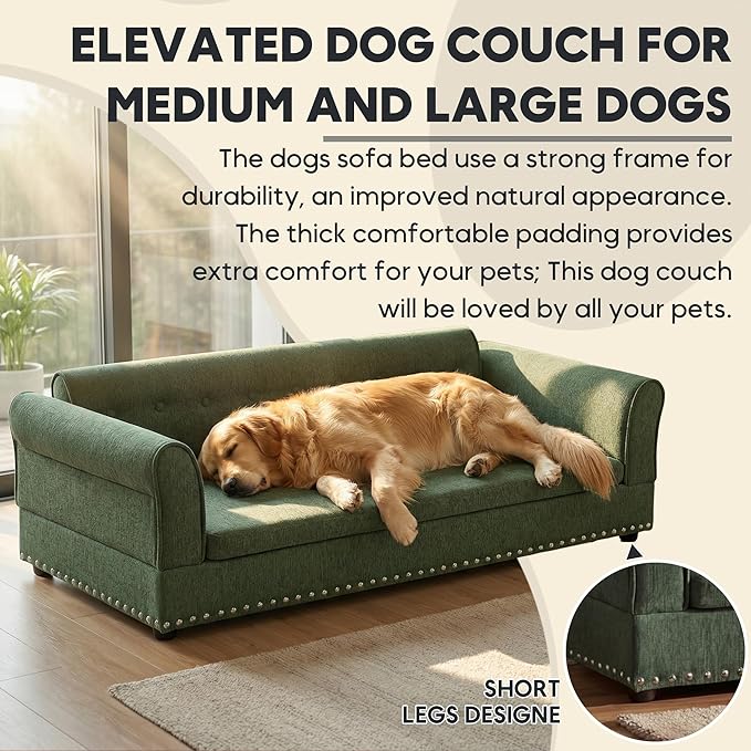 Elevated Dog Sofa for Medium to Large Dogs, Button Tufted Dog Couch Bed with Backrest and Armrests, Durable Memory Foam Pet Bed, Removable Cushion for Medium and Large Dogs, Green