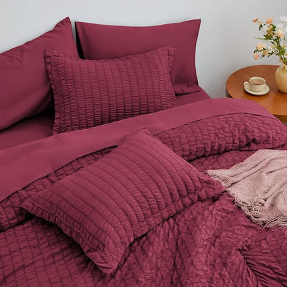 Love's cabin Seersucker Burgundy King Size Comforter Set, 7-Piece All Season Lightweight Bed in a Bag Bedding Set with Comforter, Flat Sheet, Fitted Sheet, Pillowcases and Shams | Soft, Breathable, Lightweight