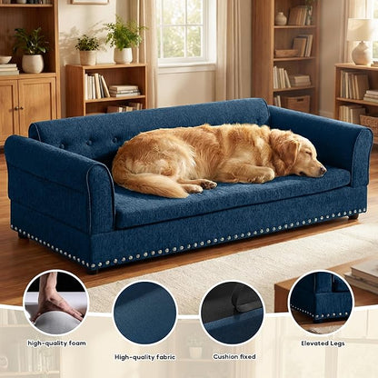 Elevated Dog Sofa for Medium to Large Dogs, Button Tufted Dog Couch Bed with Backrest and Armrests, Durable Memory Foam Pet Bed, Removable Cushion for Medium and Large Dogs, Dark Blue