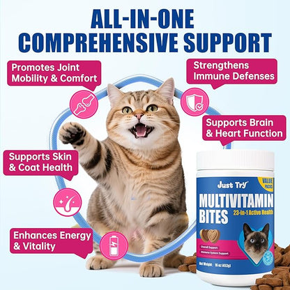 Just Try Comprehensive Multivitamin for Cats Value Packs - with Fish Oil, Taurine, L-Lysine, Biotin, Vitamins A, D3, E, B Complex, Calcium & Minerals - Supports Skin & Coat, Heart, Eyes, Joints Health